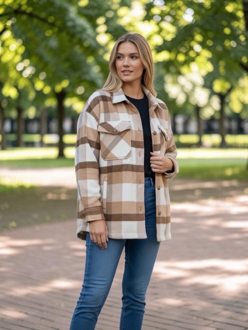 Gianni Bini Plaid Shacket Jacket in Beige and Cream - size med